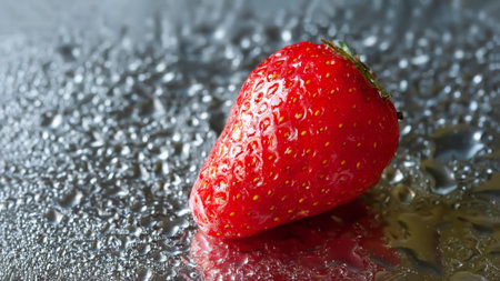 Ripe strawberries. Juicy strawberries with water drops on a wet background. red berries. close-up. selective soft focusの写真素材