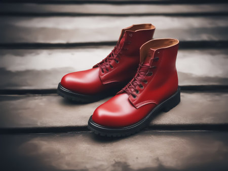 Red shoes. Red boots. Off road shoes in bad weather. selective focus. AI generatedの素材