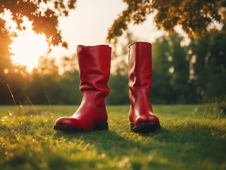 Red shoes. Red boots. shoes at sunset. selective focus. AI generatedの素材