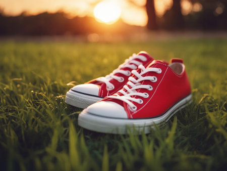 Red shoes. Red boots. shoes at sunset. selective focus. AI generatedの素材