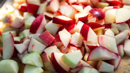 Sliced apples. Apple pieces. Red sliced pie apple. Selective soft focusの写真素材