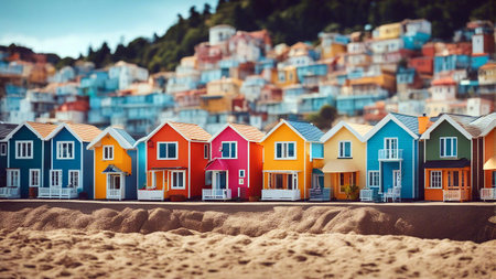 Multi-colored houses. Houses on the shore. Lots of colored houses. Selective focus. AI generatedの素材