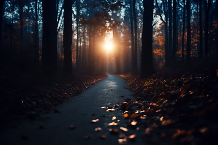 Forest Road. Evening forest. Fairy forest. Selective focus. AI generatedの素材
