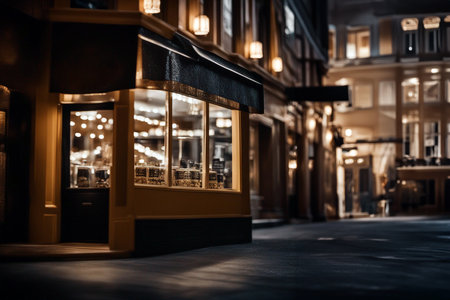 Shop window. Store showcase. Glare in the store window. Bokeh effect. Selective soft focus. AI generatedの素材