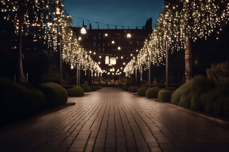 Park alley. Alley of the city park. Long shadows. Soft focus. AI generatedの素材