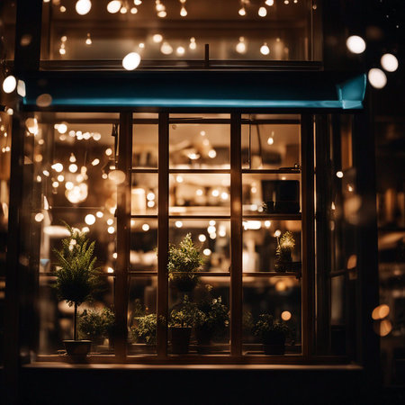 Shop window. Store showcase. Glare in the store window. Bokeh effect. Selective soft focus. AI generatedの素材