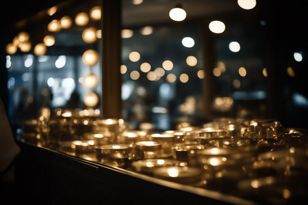 Shop window. Store showcase. Glare in the store window. Bokeh effect. Selective soft focus. AI generatedの素材