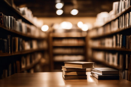 Book Shop. Library with books. Books in a bookstore. Book shelves. Selective soft focus. AI generatedの素材