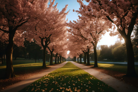 Park alley. Alley of the city park. Long shadows in the evening. Sunlight at sunset. Soft focus. AI generatedの素材