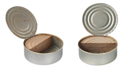 Tin can. Jar of meat pate set. Opened metal tin can without label isolated on white background
