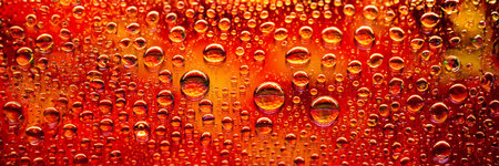 Water drops banner. Abstract red background. Colored macro texture with many drops. Iridescent wet gradient. Heavy textured image. Small depth of field. Selective soft focusの写真素材