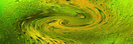 Drops of water banner. Abstract wet spiral background. Colored macro texture of large and small...