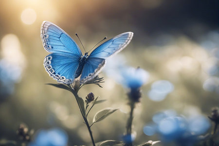 Blue butterfly. A butterfly is sitting on flowers. Selective soft focus. AI generatedの素材