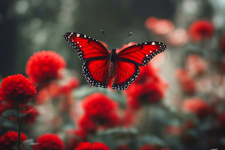 Red butterfly. Butterfly on red flowers. Selective soft focus. AI generatedの素材