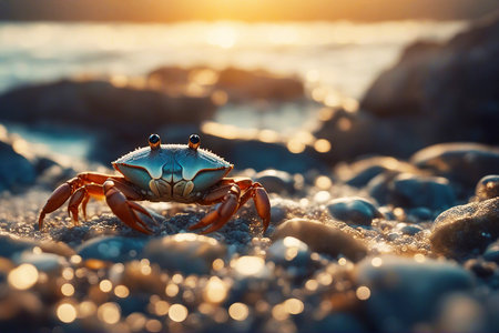 Crab. Crab on the rocks by the seashore. Selective focus. AI generatedの素材