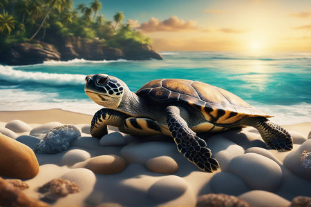 Turtle. Large beautiful sea turtle on the shore. Selective soft focus. AI generatedの素材