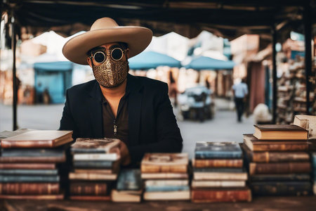 Street book seller A Mexican man in glasses and a mask sells old books at a street market. Shocking man. AI generatedの素材