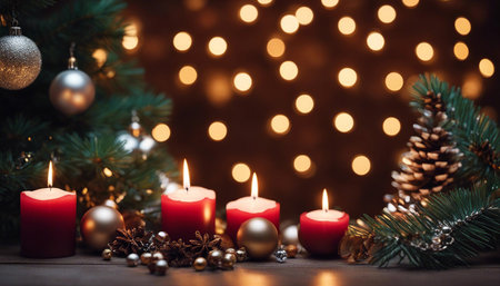 Christmas balls. Christmas card. Multi-colored Christmas tree decorations on a wooden background. New Year's decor. Bokeh effect. AI generationの素材