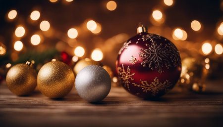 Christmas balls. Christmas card. Christmas decorations on wooden background. New Year's decoration. Luminous garlands. Bokeh effect. AI generationの素材