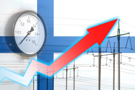 Energy crisis. Graph on the background of the flag of Finland. Global energy crisis concept. Increased electricity consumption. The arrow on the graph is moving up. Power line. Increase in costの写真素材