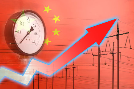 Energy crisis. Graph on the background of the flag of China. Global energy crisis concept. Increased electricity consumption. The arrow on the graph is moving up. Power line. Increase in costの写真素材