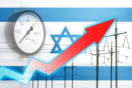 Energy crisis. Graph on the background of the flag of Israel. Global energy crisis concept. Increased electricity consumption. The arrow on the graph is moving up. Power line. Increase in costの写真素材