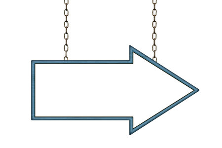 Blank blue shooter sign hanging on iron chains. Arrow sign. Signboard isolated on white backgroundの写真素材