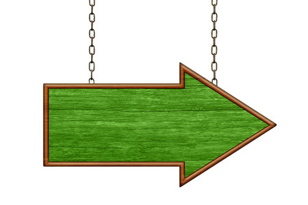 Blank green wooden arrow sign hanging on iron chains. Arrow sign. Signboard isolated on white backgroundの写真素材