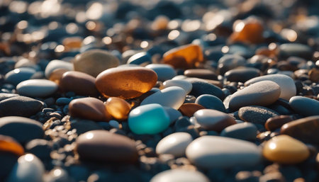 Colorful pebbles. Smooth rocks on the sea shore. Sea stones at sunset. Selective focus. AI generatedの素材