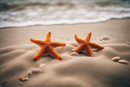 Starfish on the seashore. Starfish on the sand. Selective focus. Beach at sunset. AI generatedの素材