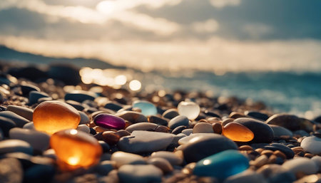 Multicolored stones on the sea shore. Smooth stones. Sea pebbles. Selective focus. AI generatedの素材