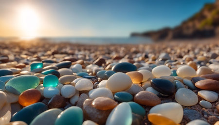 Multi-colored pebbles on the seashore. Smooth rocks. Sea stones. Selective focus. AI generatedの素材