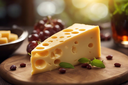 Cheese. A large piece of cheese on a wooden board. Selective soft focus. AI generatedの素材