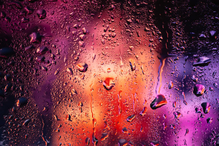 Drops of rain on the window. Drops of water on the glass. Abstract background. Multicolored smoke....