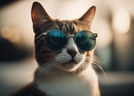 Cat with glasses. Scientist cat. Round glasses. Soft focus. AI generatedの素材