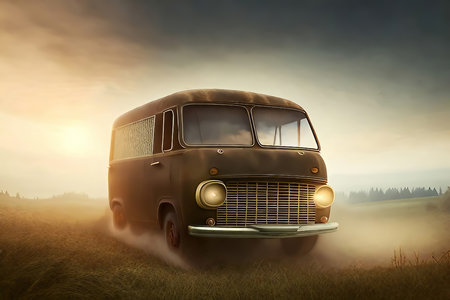 Off-road bus. The bus is driving along a dusty mountain off-road in the evening. Selective focus. AI generatedの素材