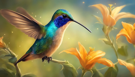 Hummingbird. Hummingbird flying over a yellow flower. Fantastic colored tropics. Selective soft focus. AI generatedの素材