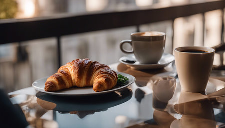 Fresh croissant. Delicious croissant on a table in a street cafe. Soft focus. AI generatedの素材