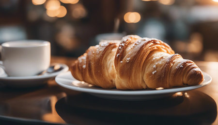 Delicious croissant. Hot croissant on the table in a street cafe. Selective soft focus. AI generatedの素材