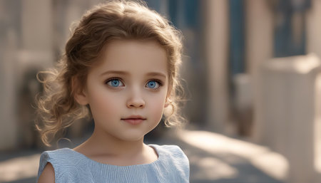 Girl with blue eyes. Little girl. Magical look. Blue eyes. Selective soft focus. AI generatedの素材