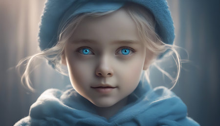 Girl with blue eyes. Little girl with a magical look close-up. Selective soft focus. AI generatedの素材