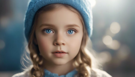 Girl with blue eyes. Little girl. Large blue eyes. Magical look. Selective soft focus. AI generatedの素材