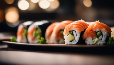Sushi. Set of sushi on a platter. Japanese food. Soft focus. AI generatedの素材