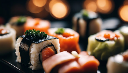 Sushi. Sushi set on a platter. Japanese food. Seafood close-up. Selective soft focus. AI generatedの素材