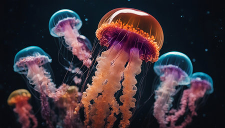 Jellyfish. Many colorful jellyfish underwater. Marine life. Selective soft focus. AI generatedの素材