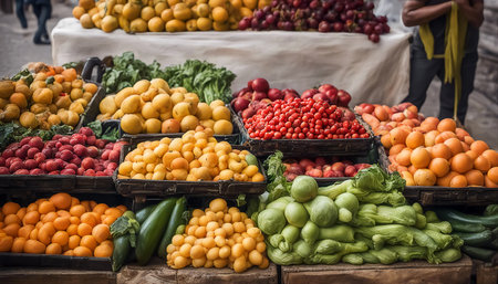 Fruits and vegetables. Street vendor's shop. Lots of low-calorie ripe foods. Soft focus. AI generatedの素材