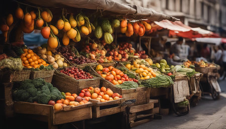 Fruits and vegetables. Street vendor's shop. Lots of low-calorie fresh foods. Selective soft focus. AI generatedの素材