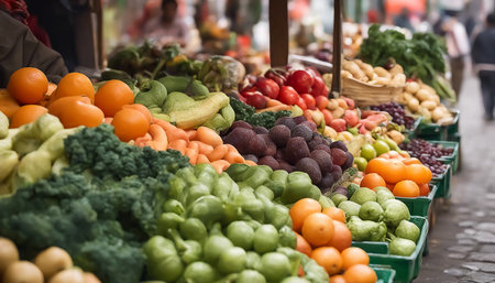 Fruits and vegetables. Street vendor's shop. Plenty of ripe, low-calorie foods. Selective soft focus. AI generatedの素材