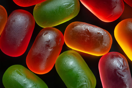 Jelly candies close-up. Assorted colorful jelly candies. Top view. Candy background