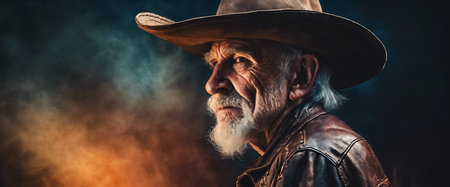 Old cowboy. An elderly man in a cowboy hat. Heroic image of a man. Gray hair. Dramatic fictional story. AI generatedの素材